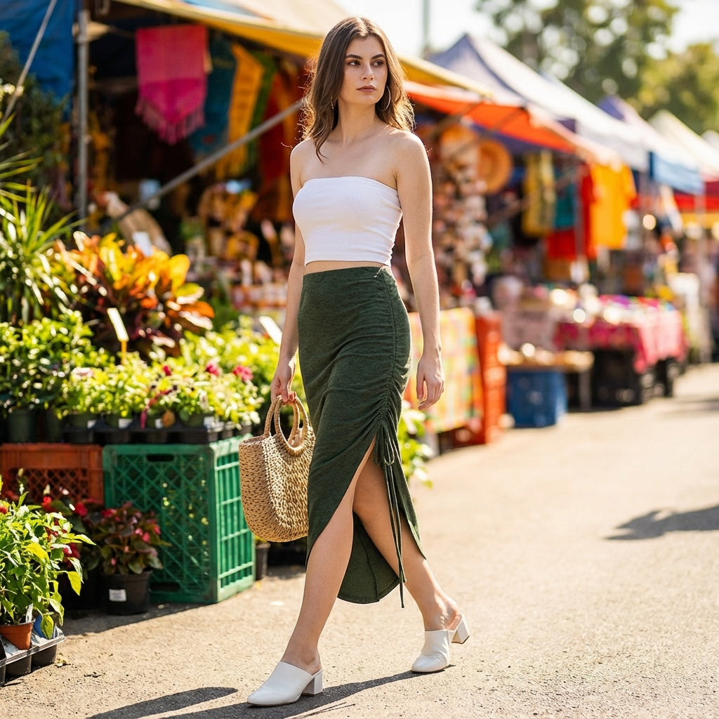 Ruched Drawstring Asymmetrical Midi Skirt
