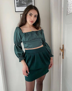 Green Satin Crop Top + Green Peplum Skirt