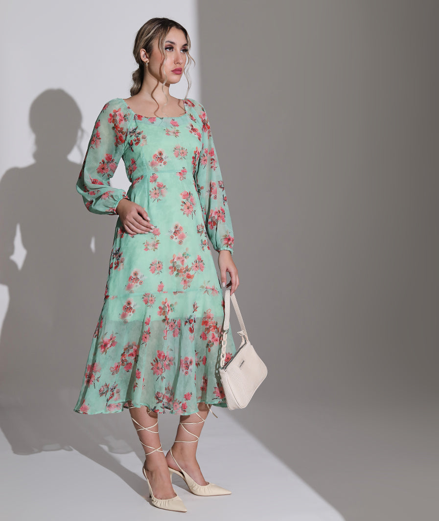 Green Chiffon Floral Dress