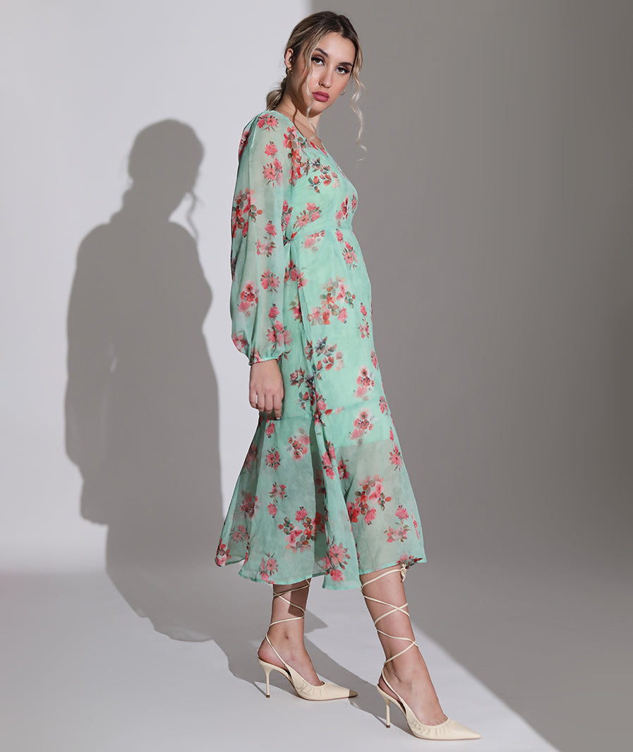 Green Chiffon Floral Dress