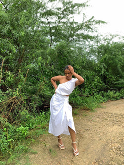 White Balloon Crop Top + White Wraparound Style Skirt