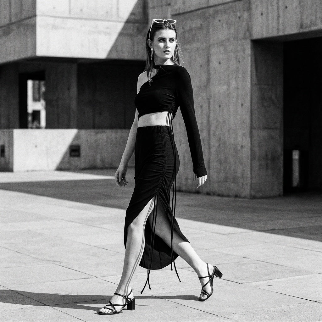 Ruched Drawstring Asymmetrical Midi Skirt