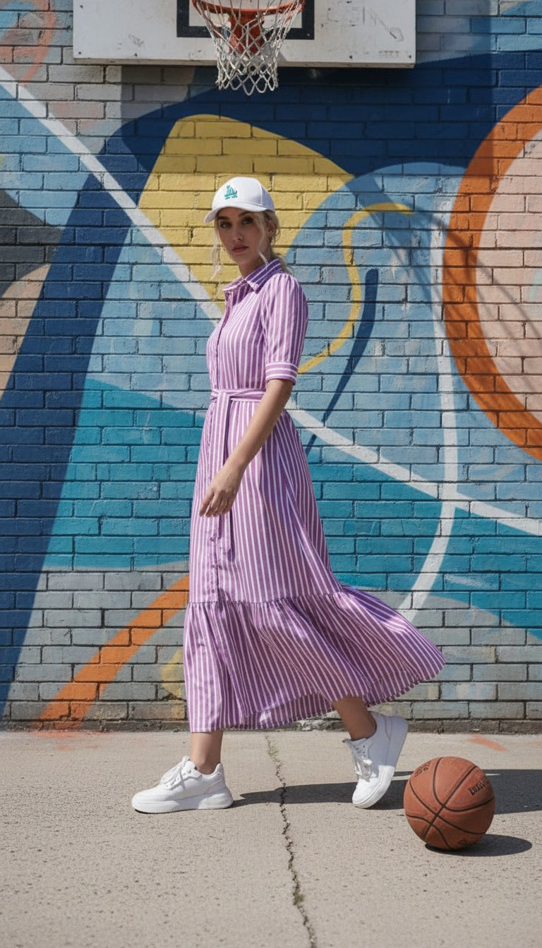 Striped Shirt Dress with Belt - Midi A-Line Slim Fit