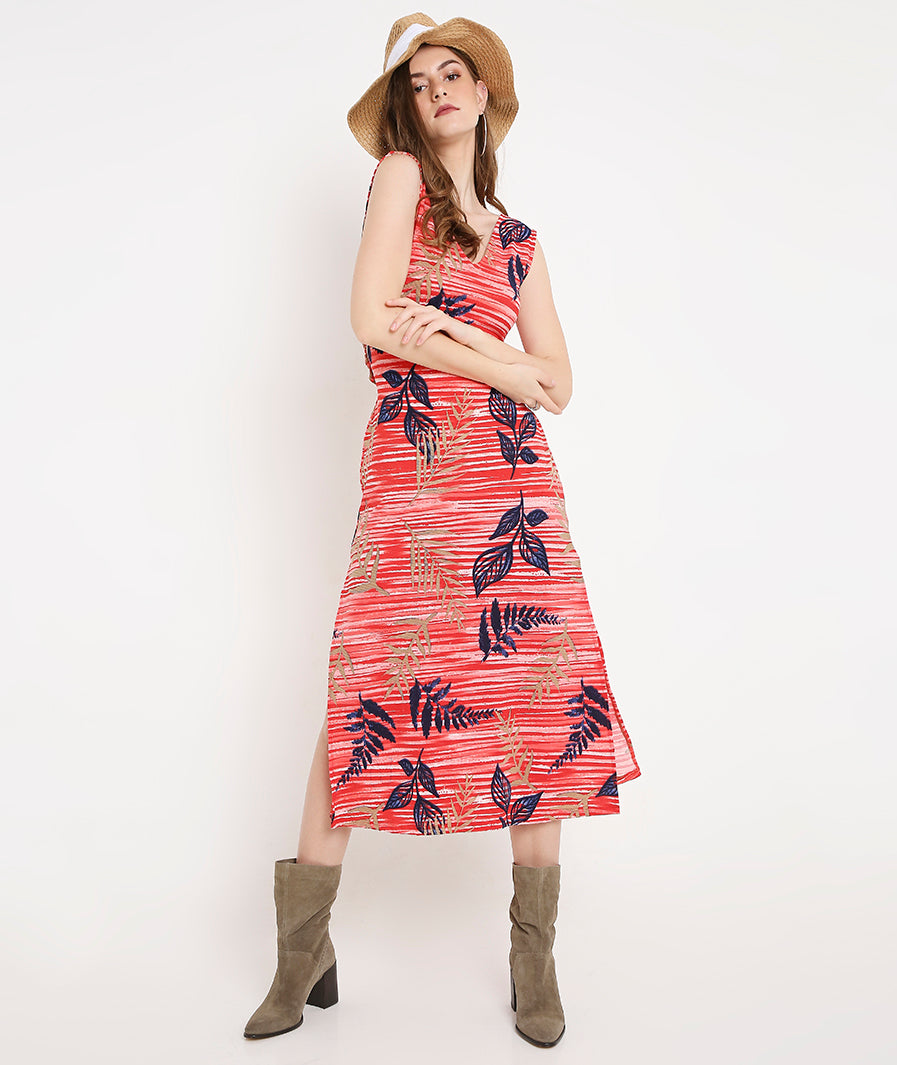 Bamboo Print Long Summer Dress with Back Tieup Detail and Side Slits