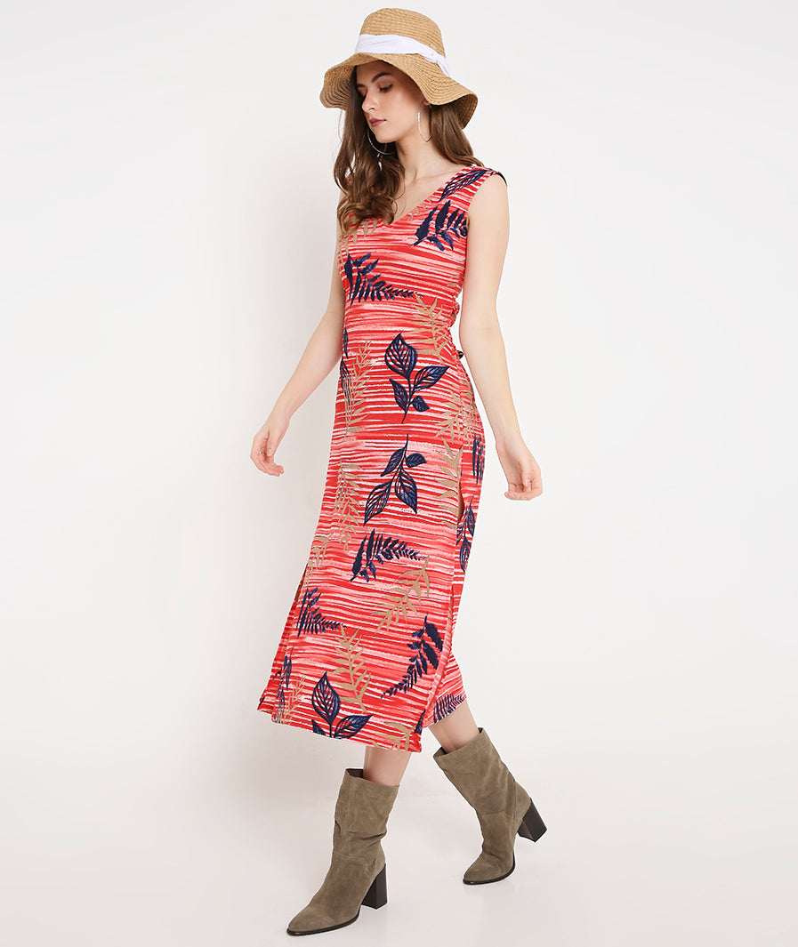 Bamboo Print Long Summer Dress with Back Tieup Detail and Side Slits