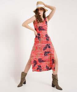 Bamboo Print Long Summer Dress with Back Tieup Detail and Side Slits