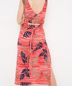 Bamboo Print Long Summer Dress with Back Tieup Detail and Side Slits