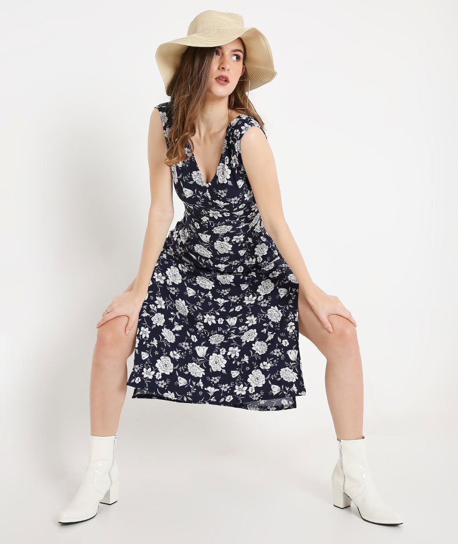 Navy Long Summer Dress with Back Tieup Detail and Side Slits