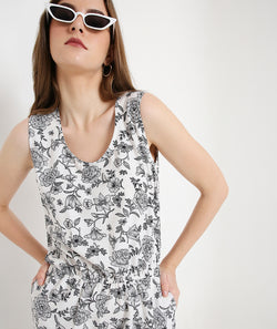 Floral White Summer Jumpsuit with  Pockets