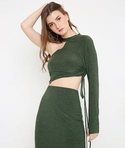 Green Off Shoulder Thumbhole Top with a Drawstring