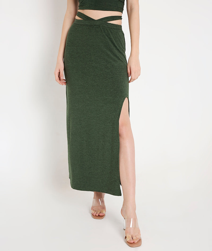 Green Skirt with Side Cut-Out and Front Slit