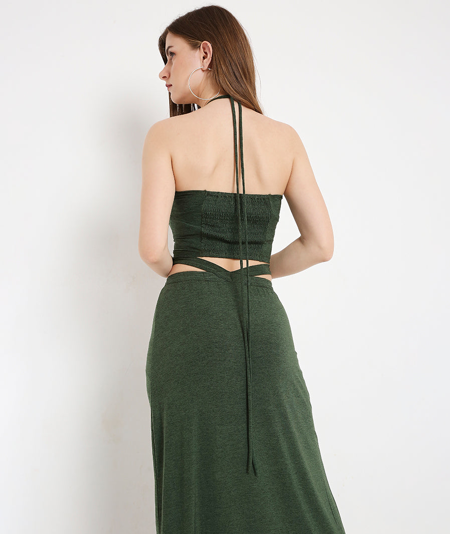 Green Skirt with Side Cut-Out and Front Slit