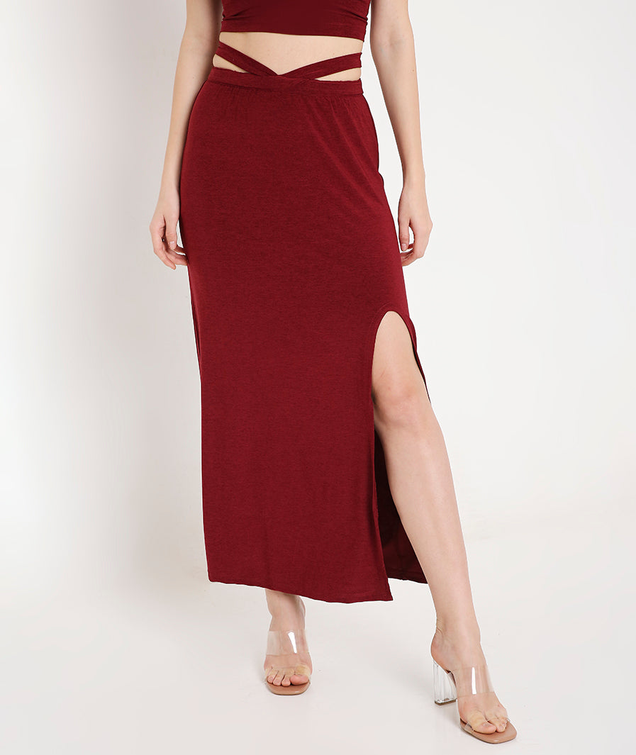 Maroon Skirt with Side Cut-Out and Front Slit