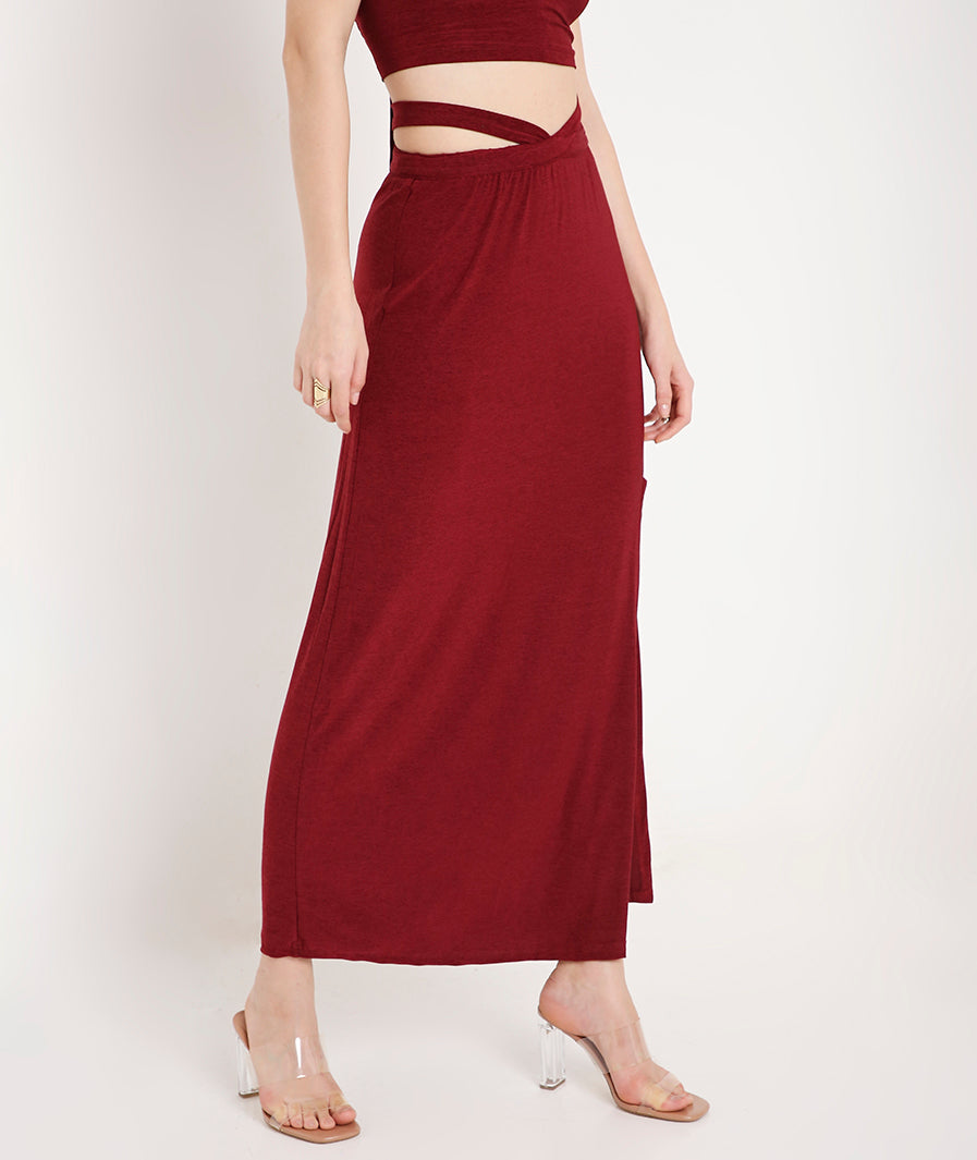 Maroon Skirt with Side Cut-Out and Front Slit