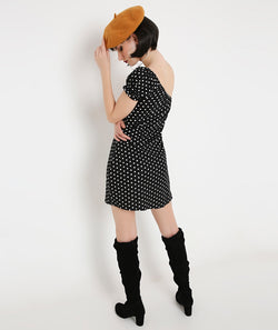 Polka Dots Off Shoulder Puff Sleeve Dress with Centre detail