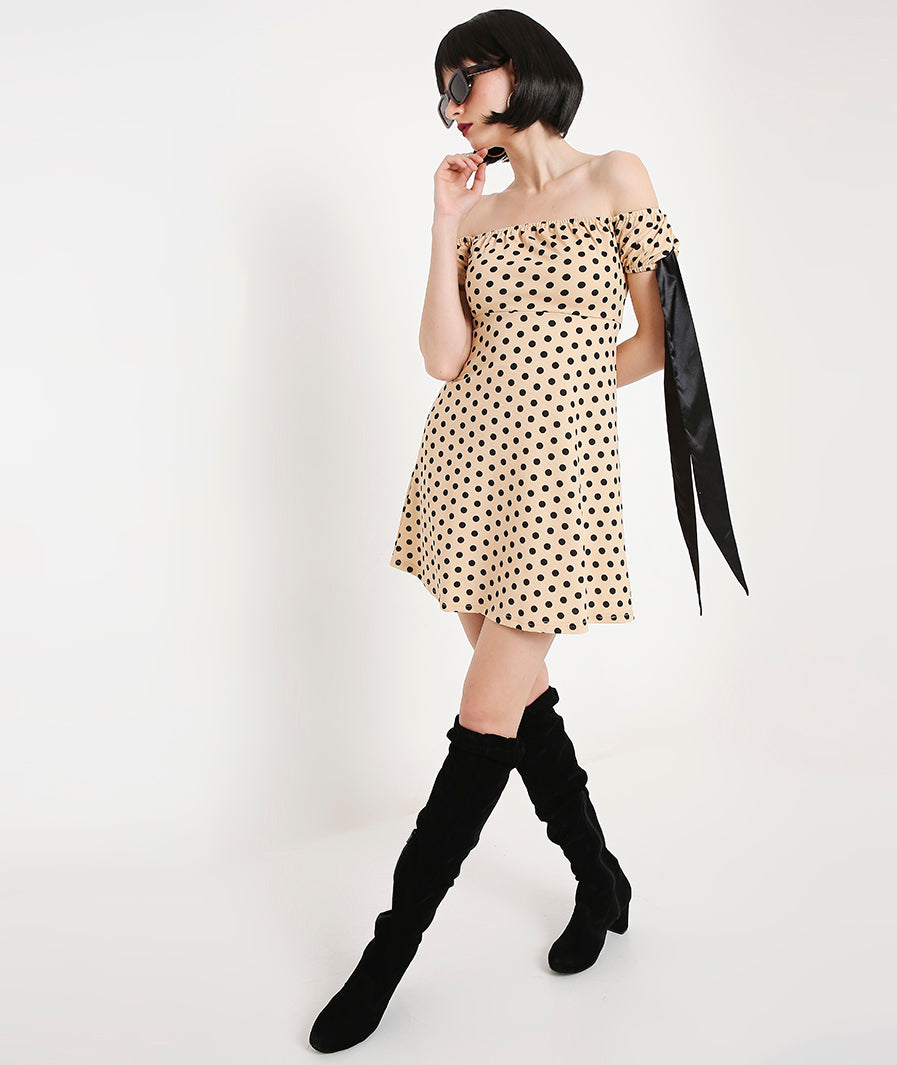 Cream Puff Sleeves Polka Dots Dress with Satin Sash