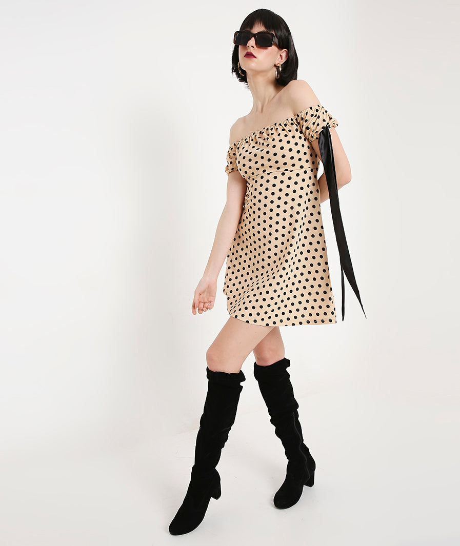 Cream Puff Sleeves Polka Dots Dress with Satin Sash