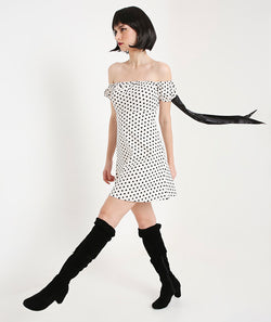 White Puff Sleeves Polka Dots Dress with Satin Sash