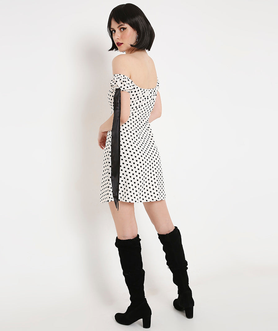 White Puff Sleeves Polka Dots Dress with Satin Sash