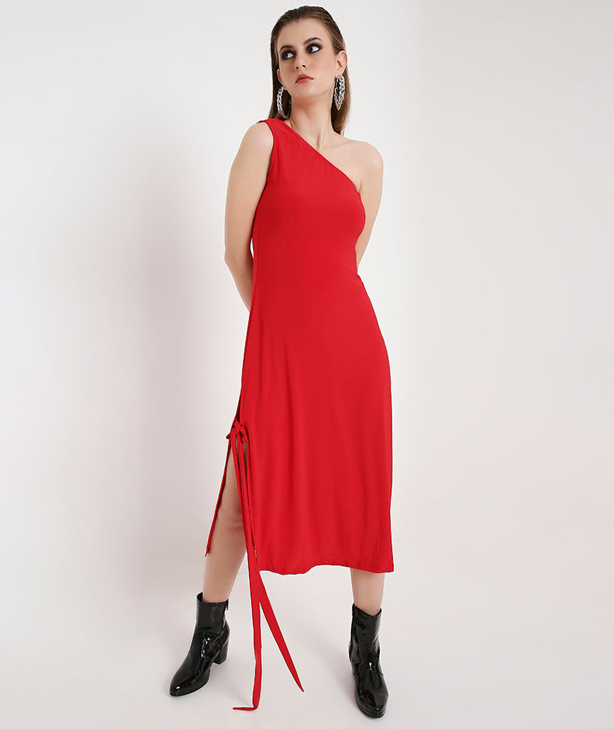 Off-Shoulder Cocktail Dress with a Side Sash-Red