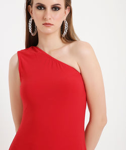 Off-Shoulder Cocktail Dress with a Side Sash-Red