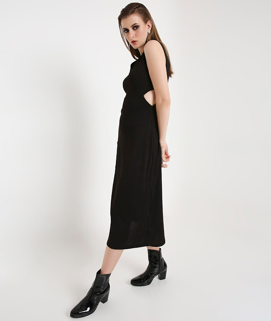 Black Cocktail Long Slit Knit Dress with Side Key Holes