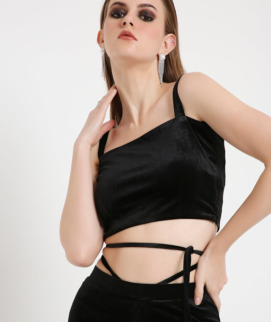 Velvet Crop Top with Slim Straps-Black