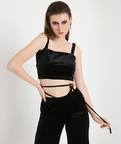 Velvet Crop Top with Slim Straps-Black