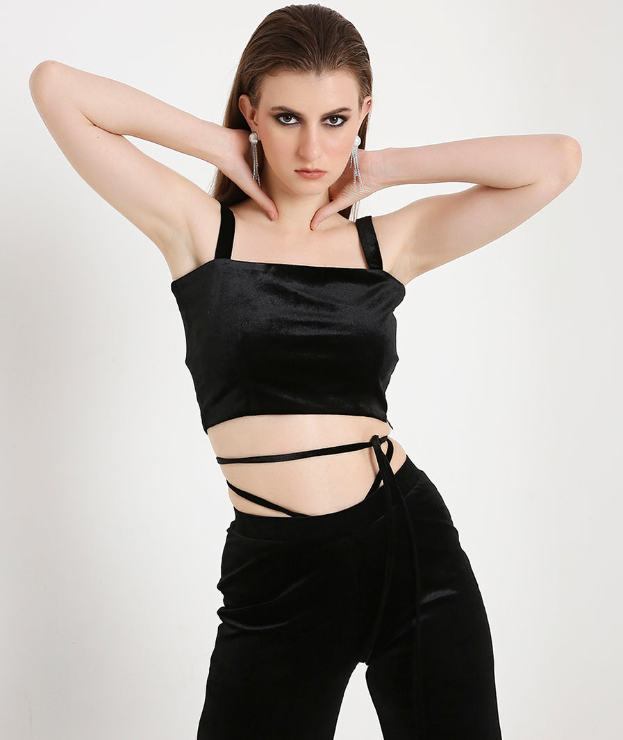 Velvet Crop Top with Slim Straps-Black