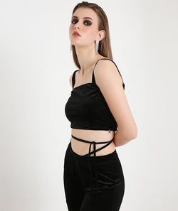 Velvet Crop Top with Slim Straps-Black