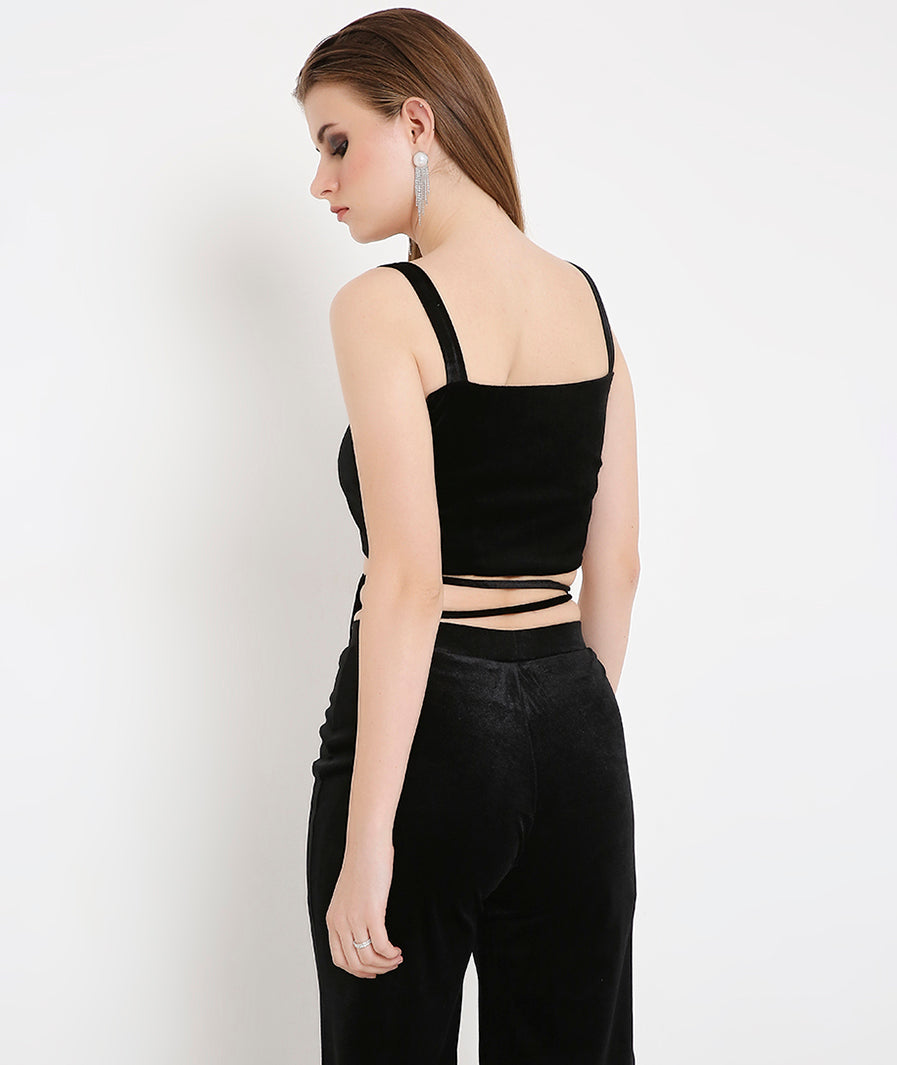 Velvet Crop Top with Slim Straps-Black