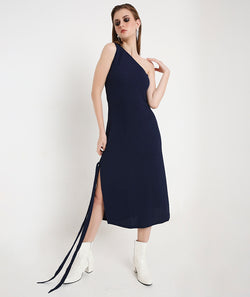 Off-Shoulder Cocktail Dress with a Side Sash-Navy Blue