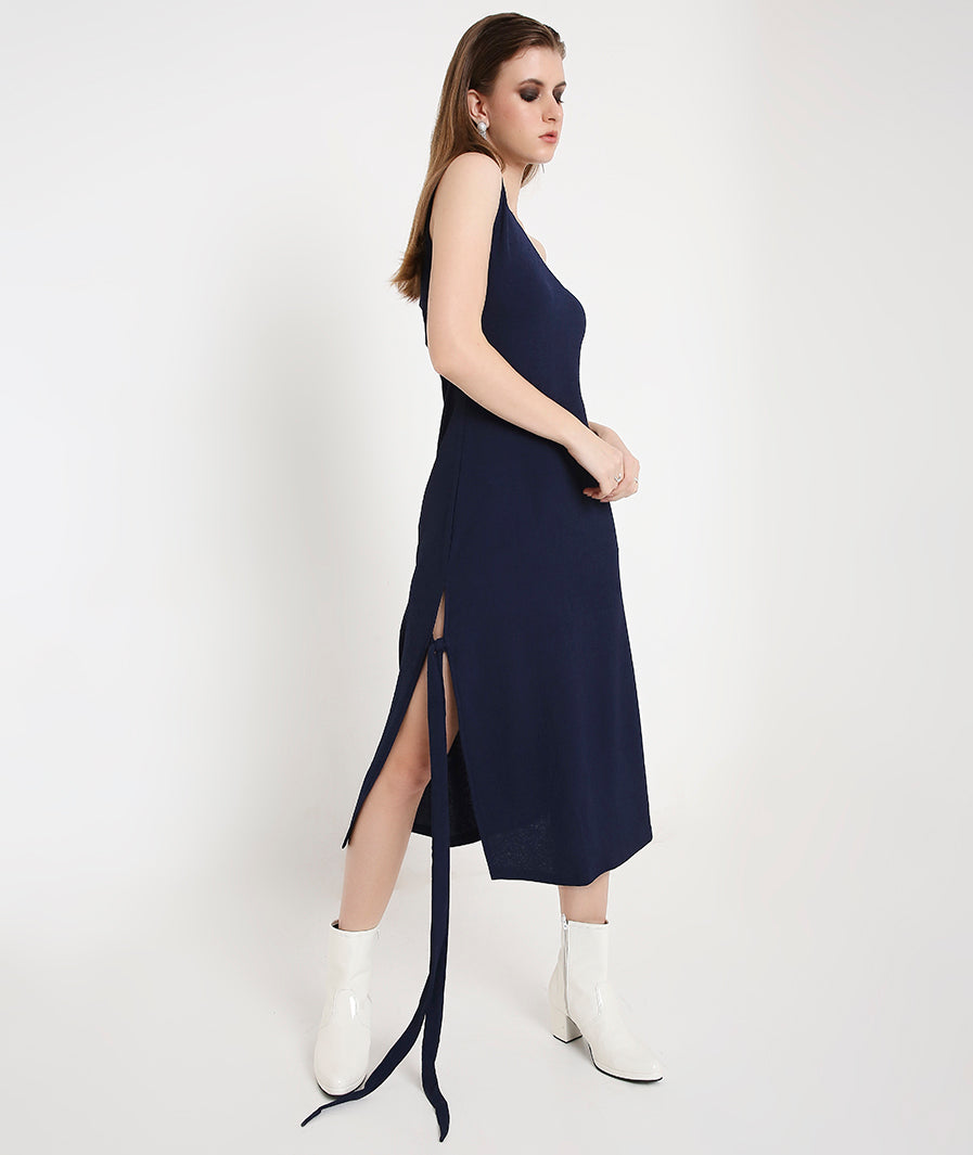 Off-Shoulder Cocktail Dress with a Side Sash-Navy Blue