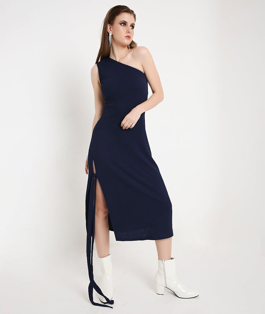 Off-Shoulder Cocktail Dress with a Side Sash-Navy Blue