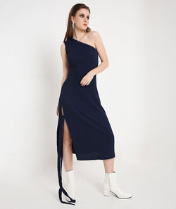 Off-Shoulder Cocktail Dress with a Side Sash-Navy Blue