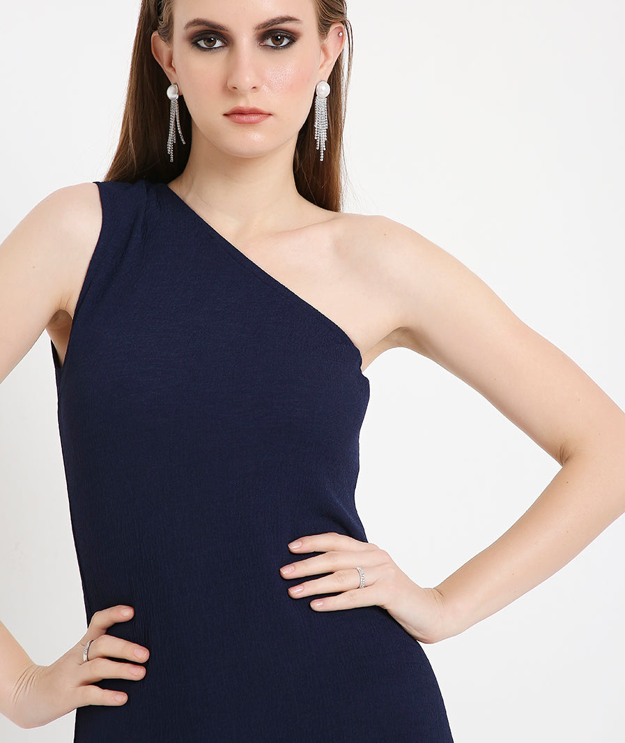 Off-Shoulder Cocktail Dress with a Side Sash-Navy Blue