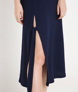 Off-Shoulder Cocktail Dress with a Side Sash-Navy Blue