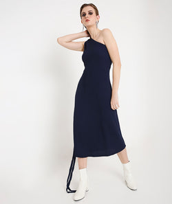 Off-Shoulder Cocktail Dress with a Side Sash-Navy Blue