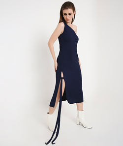 Off-Shoulder Cocktail Dress with a Side Sash-Navy Blue