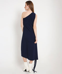 Off-Shoulder Cocktail Dress with a Side Sash-Navy Blue