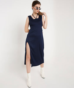 Navy Blue Cocktail Long Slit Knit Dress with Side Key Holes