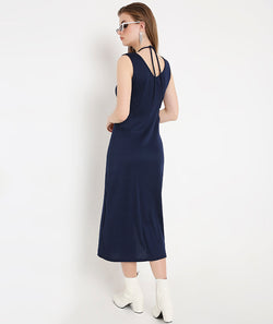 Navy Blue Cocktail Long Slit Knit Dress with Side Key Holes