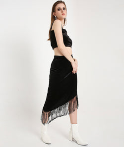 Velvet Skirt with Tassels-Black