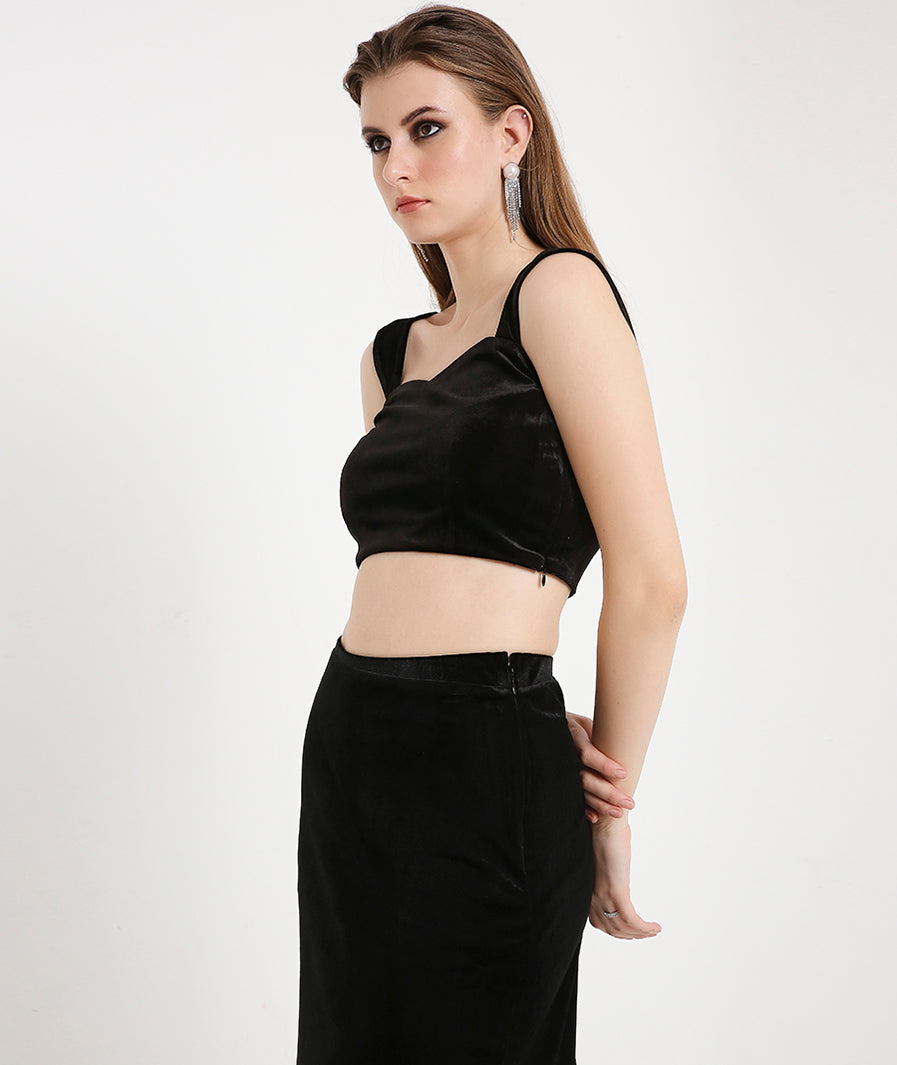 Velvet Crop Top with Broad Straps-Black