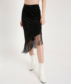 Velvet Skirt with Tassels-Black