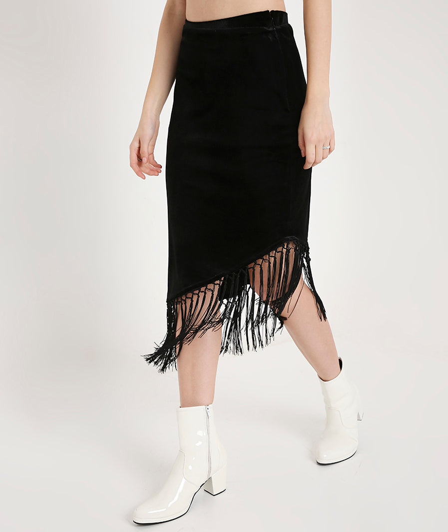 Velvet Skirt with Tassels-Black