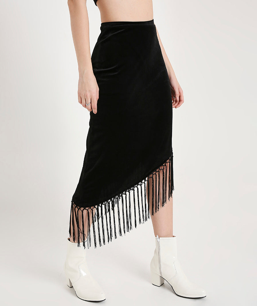 Velvet Skirt with Tassels-Black