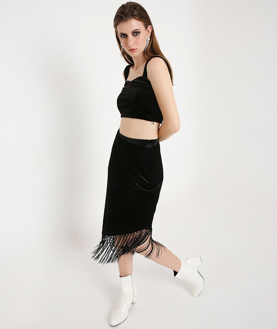 Velvet Skirt with Tassels-Black