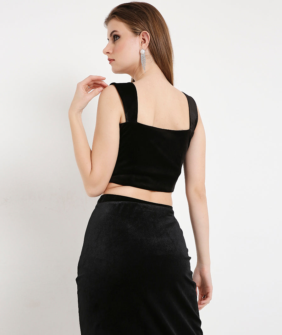 Velvet Crop Top with Broad Straps-Black