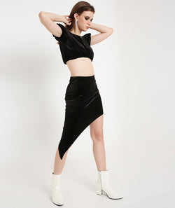 Velvet Balloon Crop Top-Black